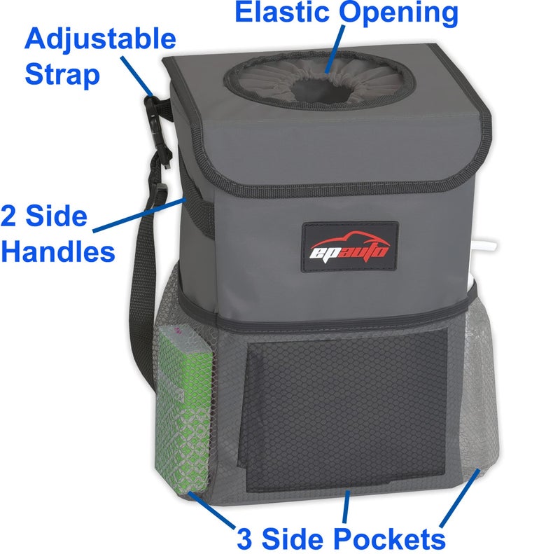 EPAuto Waterproof Car Trash Can with Lid and Storage Pockets, 2.5 Gallon Leakproof, Dark Gray - Image 4
